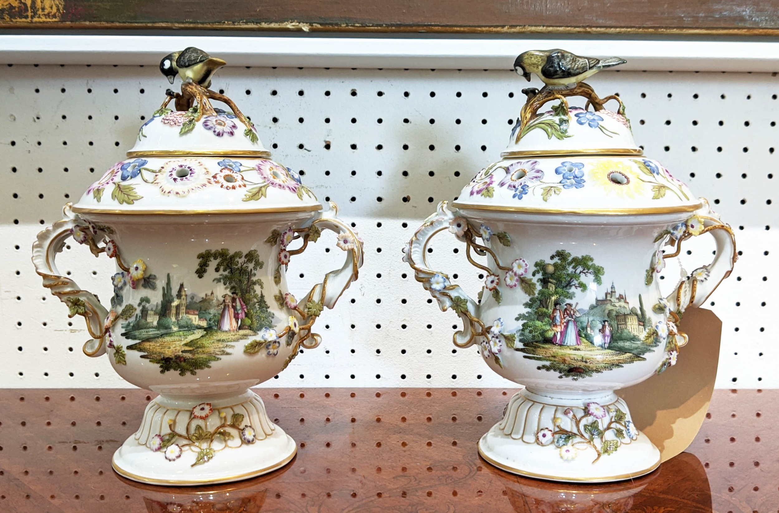 MEISSEN AUGUSTUS REX PORCELAIN URNS, a pair, 25cm H, Rococo style, foliate decorated with figural