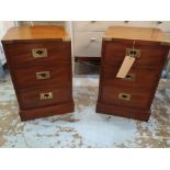 BEDSIDE CHESTS, a pair, 36cm W x 36cm D x 56cm H, military/campaign style, each with three drawers.