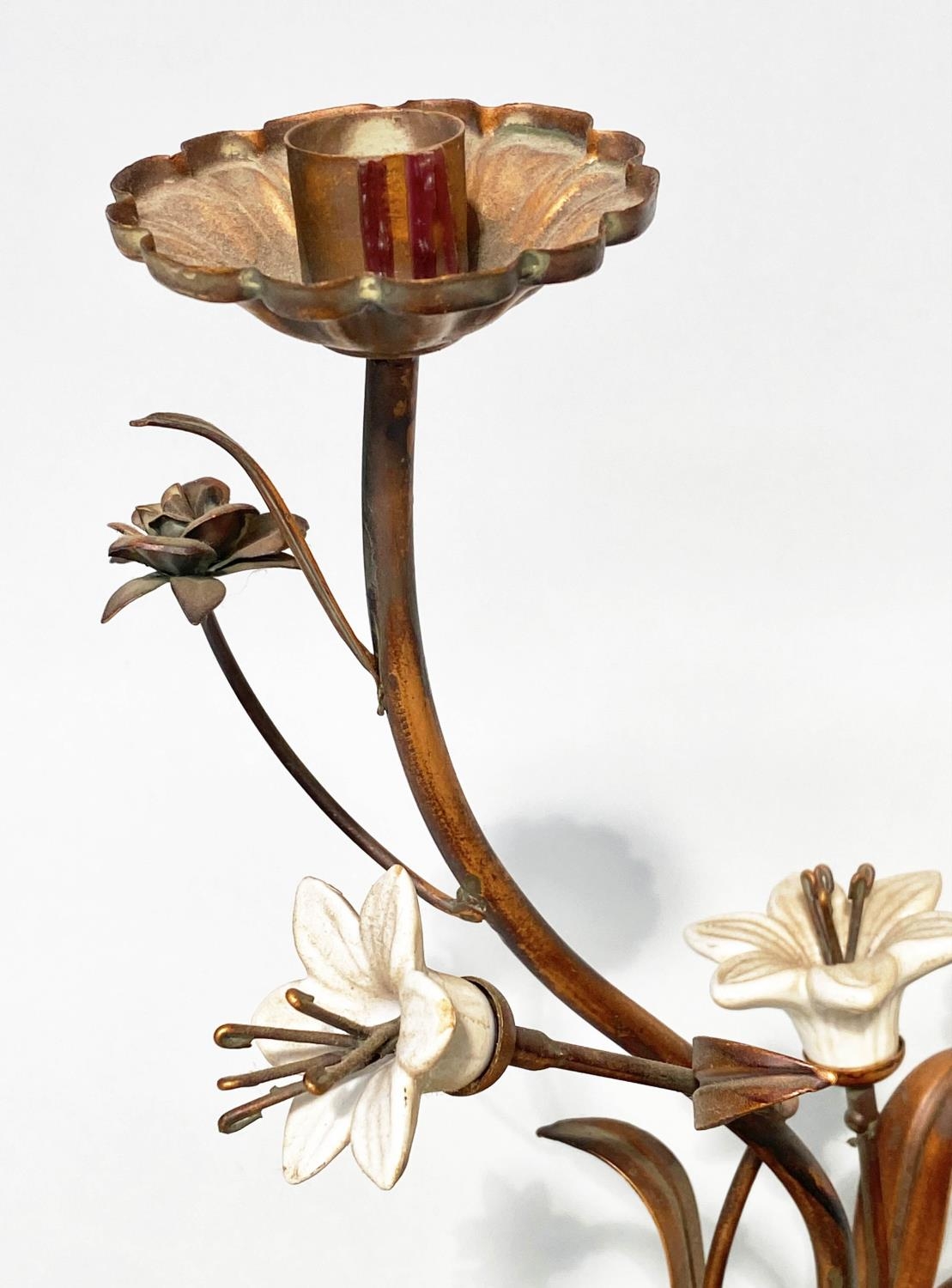 FLOWER CANDLESTICKS, a pair, Italian style cast bronzed metal with ceramic flower heads, 40cm H. (2) - Image 5 of 6