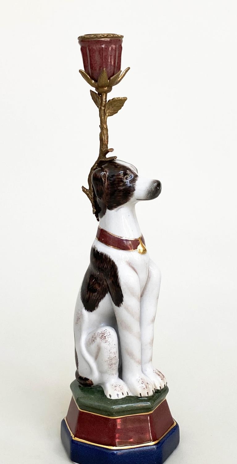 'DOG' CANDLESTICKS, a pair, Continental style painted porcelain and gilt metal mounted, 35cm H. (2) - Image 5 of 7