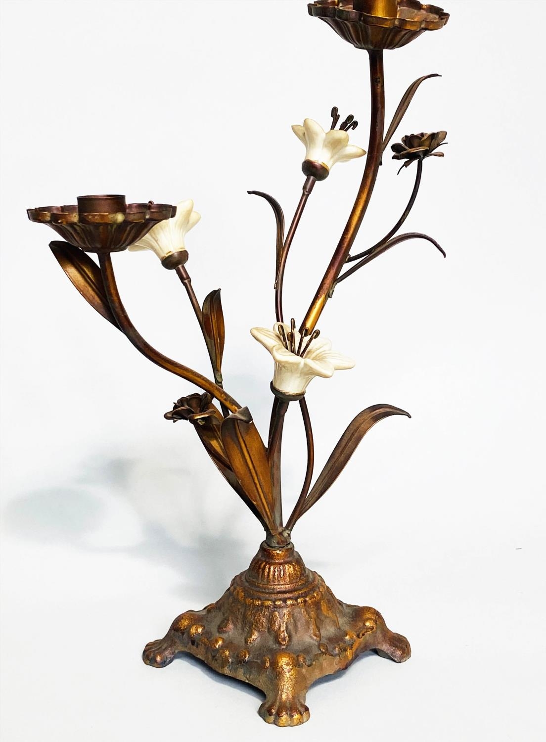 FLOWER CANDLESTICKS, a pair, Italian style cast bronzed metal with ceramic flower heads, 40cm H. (2) - Image 6 of 6