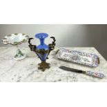 OPALINE TAZZA, French, circa 1860, along with a blue opaline vase and a French Limoges cake tray and