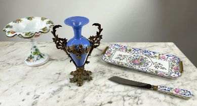 OPALINE TAZZA, French, circa 1860, along with a blue opaline vase and a French Limoges cake tray and