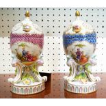 MEISSEN POTPOURRI, a pair, 18cm H, egg shaped with hinged lids, painted with figural cartouches