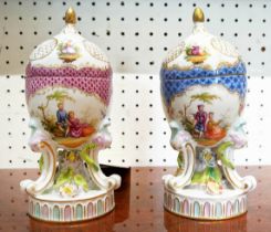 MEISSEN POTPOURRI, a pair, 18cm H, egg shaped with hinged lids, painted with figural cartouches