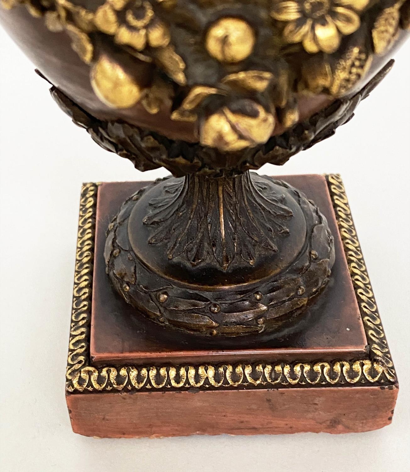 JASPER URNS, a pair, 19th century gilt bronze mounted with finials, fixed top covers and swags, 29cm - Image 3 of 7