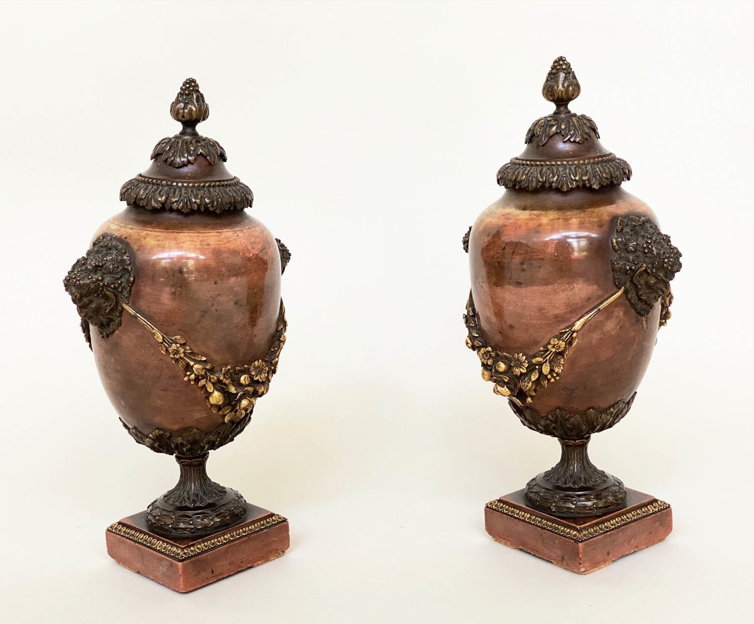JASPER URNS, a pair, 19th century gilt bronze mounted with finials, fixed top covers and swags, 29cm - Image 4 of 7