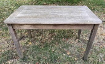 GARDEN TABLE, 120cm x 70cm x 70cm H, weathered teak and slatted.