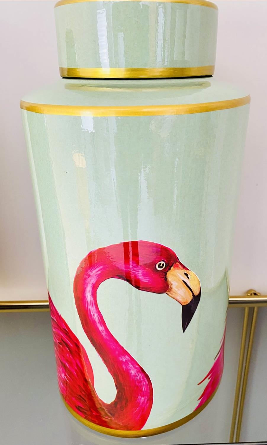 GINGER JARS, pair, 40cm H x 20cm diam., glazed ceramic with flamingo design. (2) - Image 3 of 5