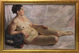 DMITRY ALEKSANDROCH TOPORKOV (Russian 1885-1937) 'Nude Study', oil on canvas, 68cm x 100cm, framed.