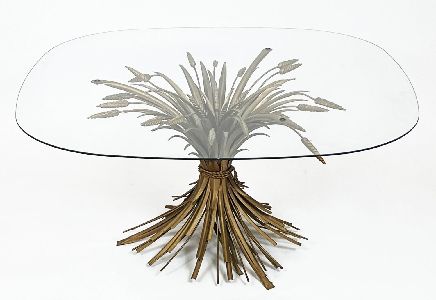 WHEAT SHEAF LOW TABLE, vintage French gilt metal with a glass top, 46cm H x 95cm x 95cm.