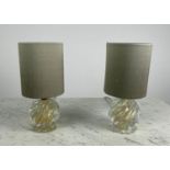 MURANO TABLE LAMPS, a pair, globe shaped spiral twist design with gold inclusions, 27cm H. (2)