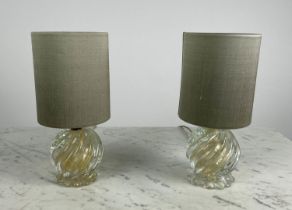 MURANO TABLE LAMPS, a pair, globe shaped spiral twist design with gold inclusions, 27cm H. (2)