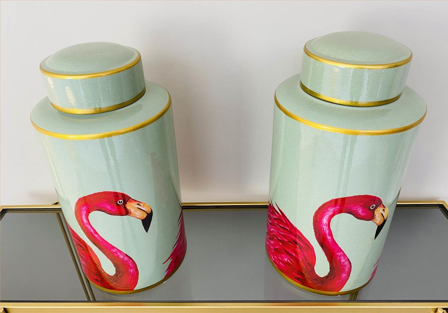 GINGER JARS, pair, 40cm H x 20cm diam., glazed ceramic with flamingo design. (2) - Image 2 of 5