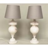 ALABASTER LAMPS, a large pair, Italian with bulbous turned column and carved decoration, 100cm H. (