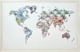 JUSTINE SMITH, 'Money Map of the World', screen print, 85cm x 136cm, signed, framed. (Subject to ARR