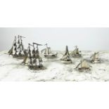 SILVER MINIATURE SAIL BOATS, a collection of seven. (7) Approx 10 Oz.