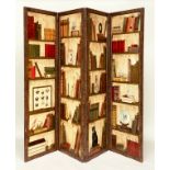 SCREEN, four fold, each panel 191cm H x 59cm W, decorated with books and collectors items, with faux