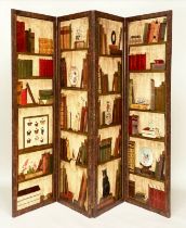 SCREEN, four fold, each panel 191cm H x 59cm W, decorated with books and collectors items, with faux