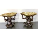 TRINKET DISHES, pair, in the form of Monkeys holding gilt Banana leaves aloft, 33cm x 40cm x 18cm (