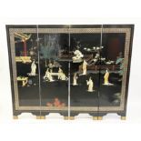 CHINESE SCREEN, 127cm x 161cm overall, four fold, ebonised lacquer inlaid, with carved stone and