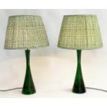 POOKY TABLE LAMPS, a pair, green conical glass and pleated shades, 75cm. (2)