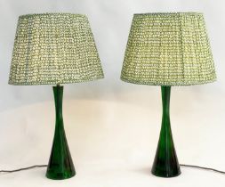 POOKY TABLE LAMPS, a pair, green conical glass and pleated shades, 75cm. (2)