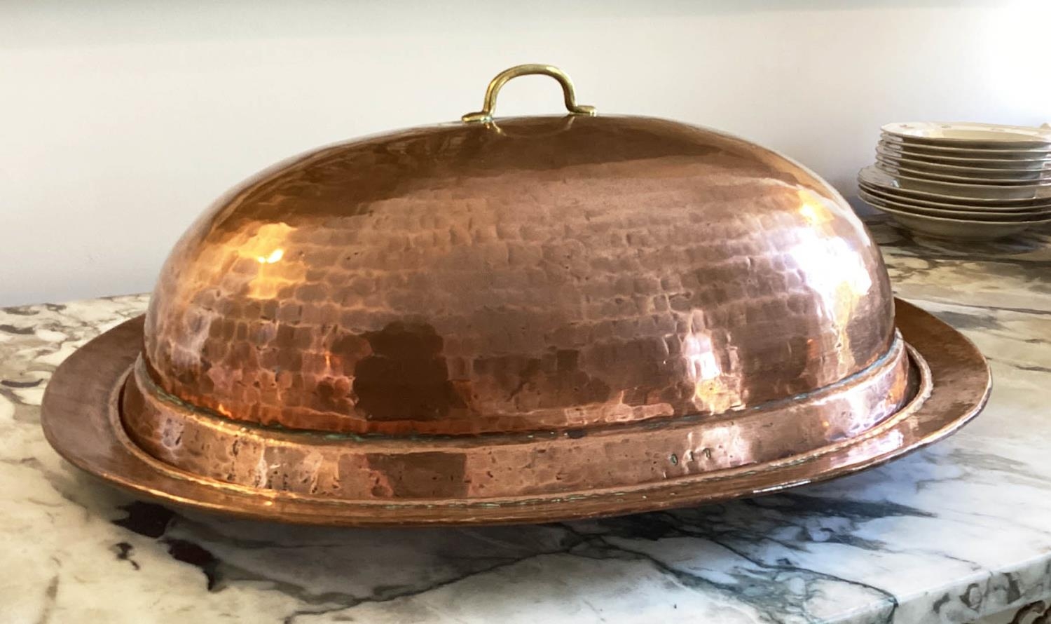 MEAT PLATE AND COVER, early 20th century hand beaten copper oval plate with cover tamped to plate - Image 3 of 5