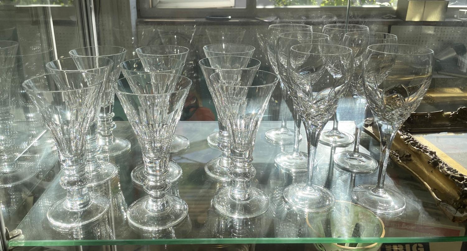 WINE GLASSES, sixteen and fifteen white six red and four others, cut glass. (41)