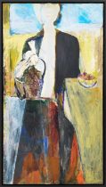 JONATHAN RICHARD TURNER (b1937), 'Woman with Jug and Fruit', oil on canvas, 93cm x 53cm, signed,