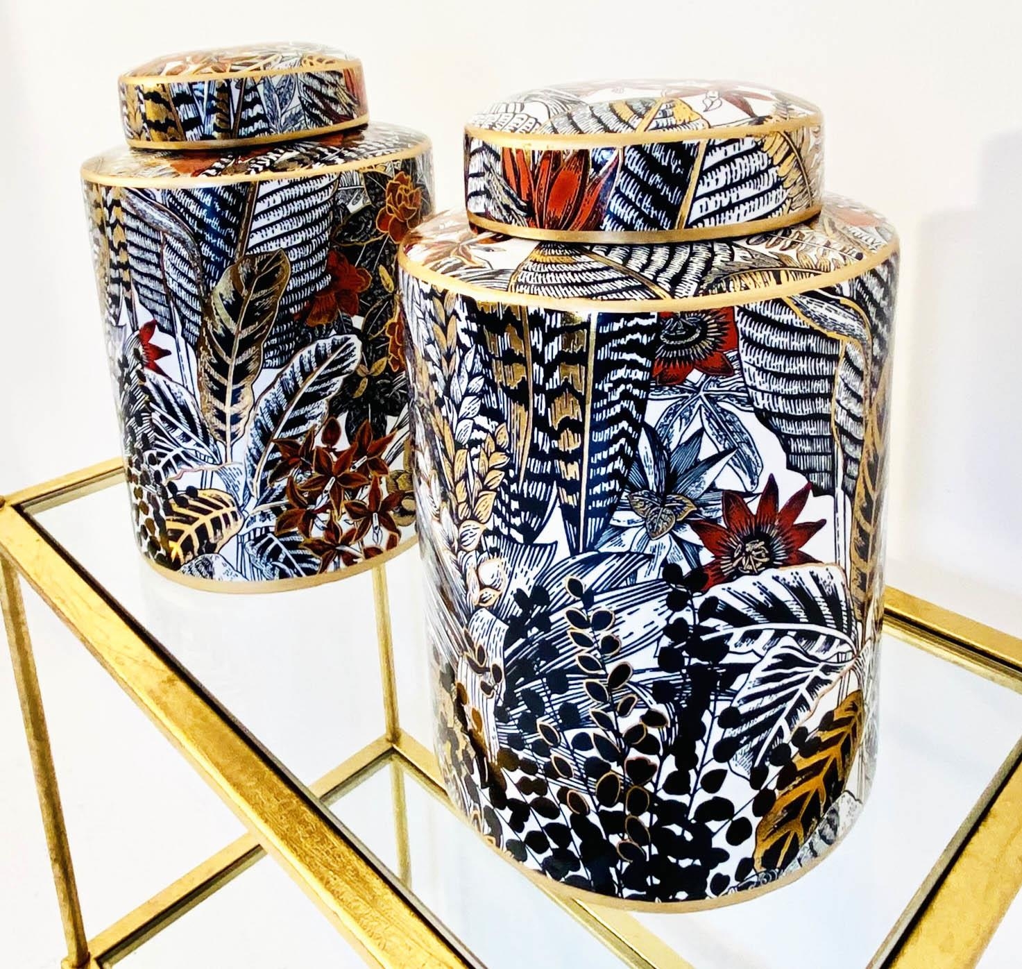 GINGER JARS, 30cm H x 20cm diam., a pair, glazed ceramic with foliate print design. (2) - Image 4 of 5
