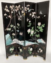 SCREEN, Chinese four fold incised bird and blossom decoration and bamboo leaf reverse, each panel