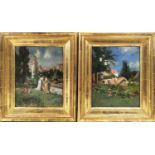 MARQUET, 'Garden Scenes with Figures', oil on board, 26cms x 21cms, a pair, signed and dated '1874',