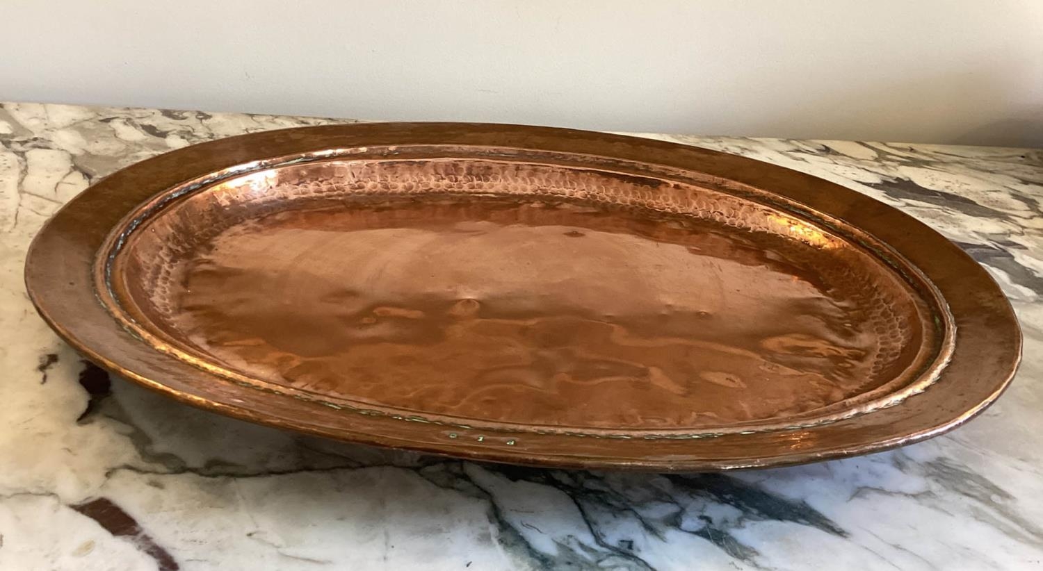 MEAT PLATE AND COVER, early 20th century hand beaten copper oval plate with cover tamped to plate - Image 4 of 5