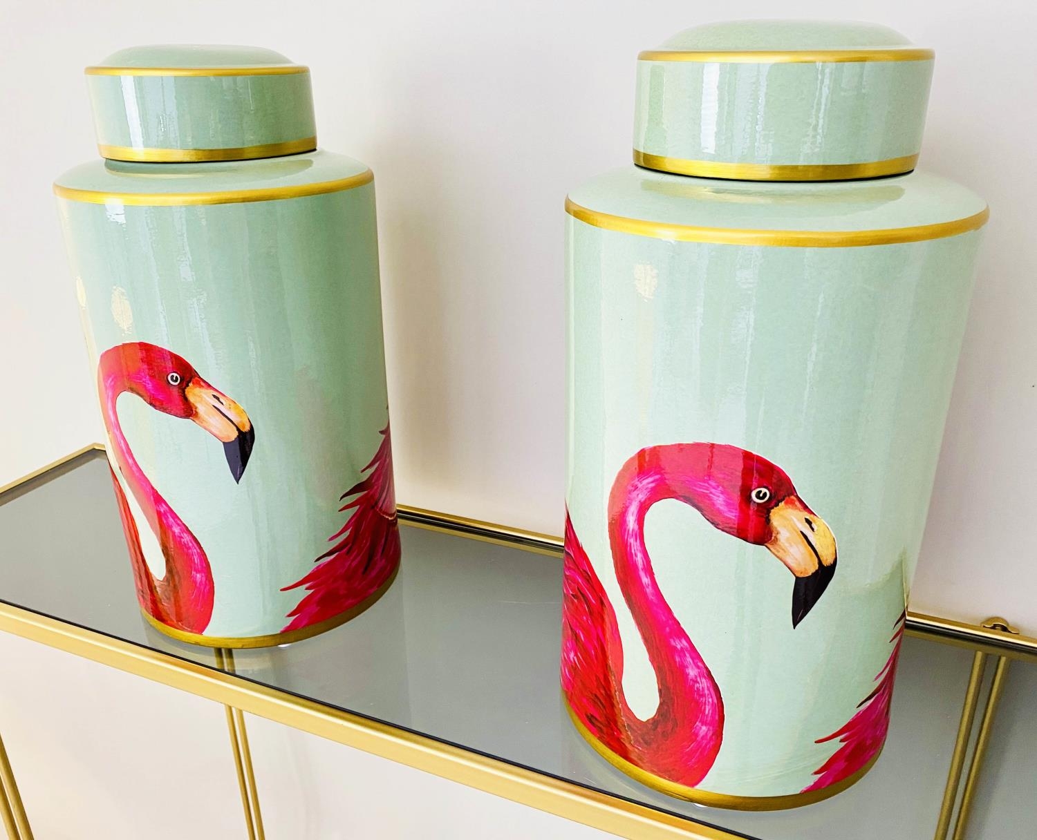 GINGER JARS, pair, 40cm H x 20cm diam., glazed ceramic with flamingo design. (2) - Image 4 of 5