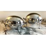 CHAFING DISHES, two similar, silver plated, each with rotating covers and bone handle, one stamped