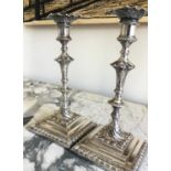 CANDLESTICKS BY MAPPIN AND WEBB, a pair, silver plated, 18th century style with knopped stems and
