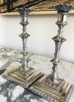 CANDLESTICKS BY MAPPIN AND WEBB, a pair, silver plated, 18th century style with knopped stems and