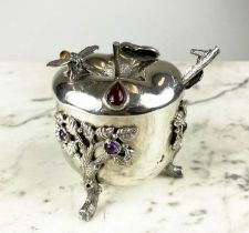 SILVER APPLE JUDAICA HONEY POT, for Rosh Hashanah, the lid with a tiger eye and bee enclosing a