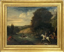 ATTRIBUTED TO JAN WYCK (Dutch 1645-1702), 'A Stag at Bay', oil on canvas, 52cm x 68cm, gilt framed.