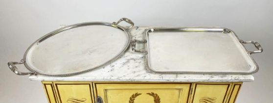 CHRISTOFLE TRAYS, two 'malmaison' oval with handles and another tray, both with anti-tarnish cloth