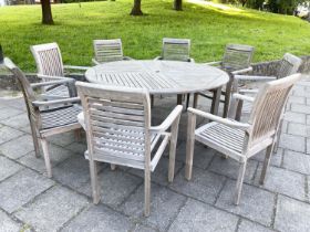 GARDEN TABLE AND ARMCHAIRS, weathered, eight stacking armchairs included 64cm W, table 130cm W. (9)