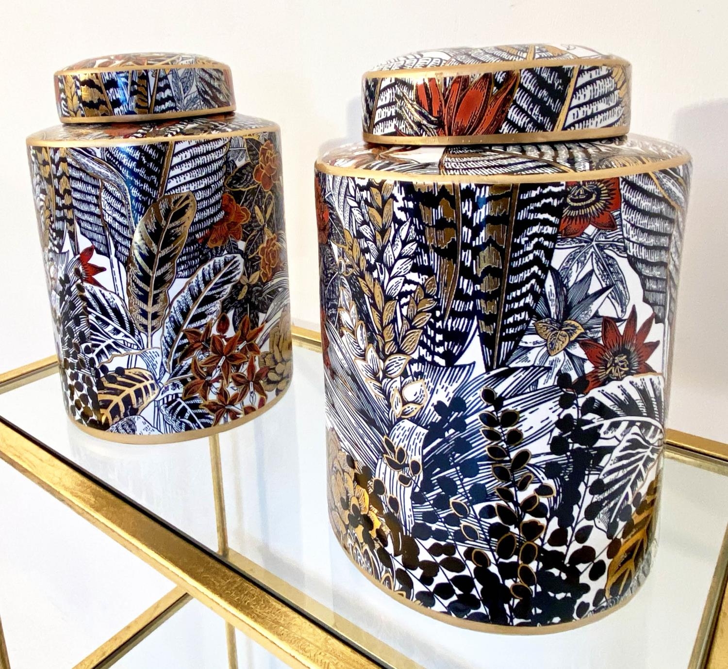 GINGER JARS, 30cm H x 20cm diam., a pair, glazed ceramic with foliate print design. (2) - Image 3 of 5