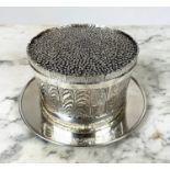 SILVER CAVIAR SERVER, having a ball textured lid enclosing a glass bowl on stand with naturalistic