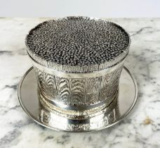 SILVER CAVIAR SERVER, having a ball textured lid enclosing a glass bowl on stand with naturalistic