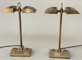 DESK LAMPS, a pair, nickel and brass by Besselink and Jones each with dual hooded lamps and weighted