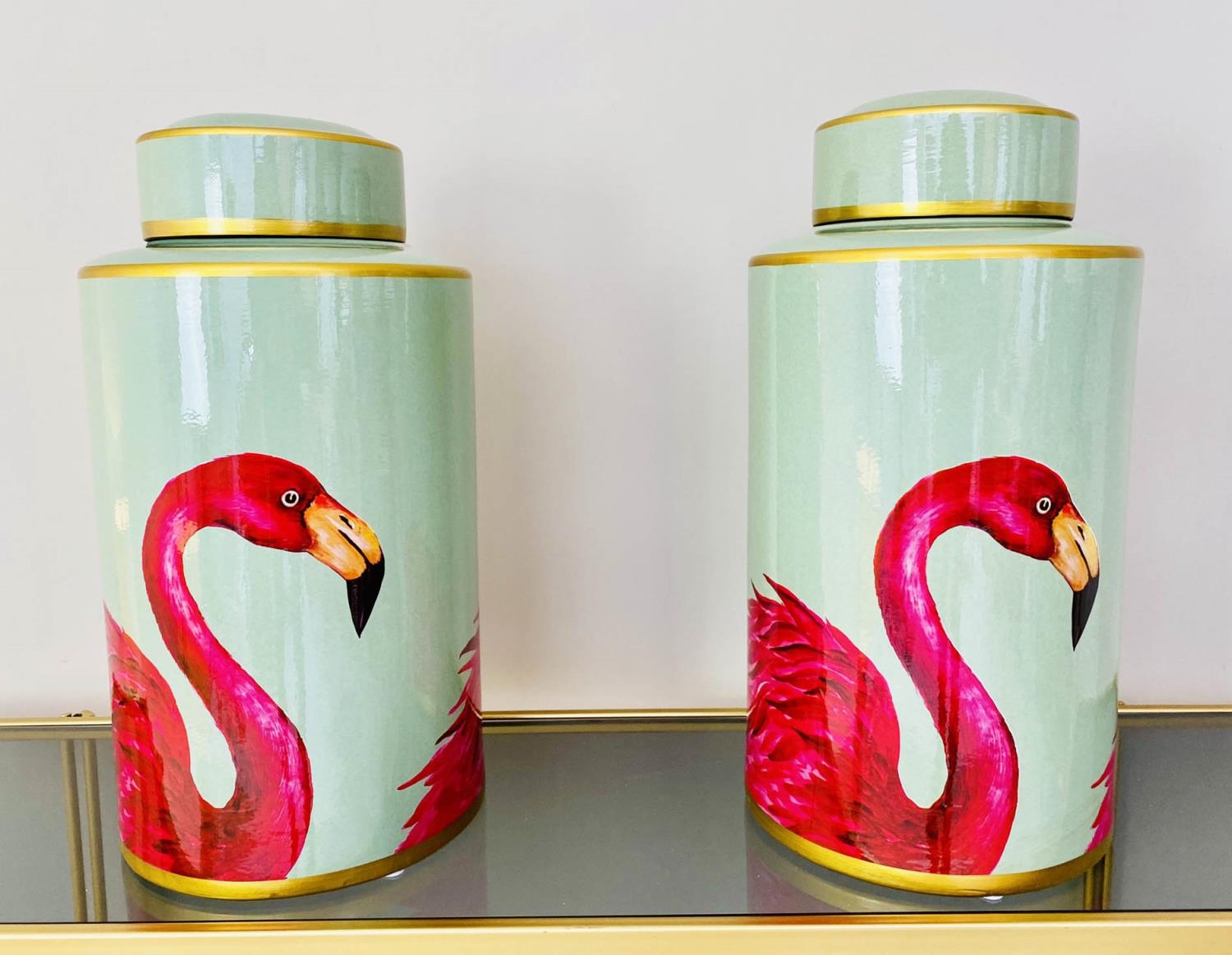 GINGER JARS, pair, 40cm H x 20cm diam., glazed ceramic with flamingo design. (2)