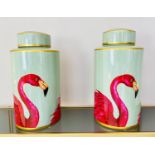GINGER JARS, pair, 40cm H x 20cm diam., glazed ceramic with flamingo design. (2)