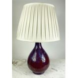 CHINESE FLAMBE GLAZED BOTTLE VASE LAMP, slender neck with a pear shaped body and silk pleated shade,