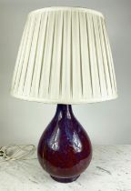 CHINESE FLAMBE GLAZED BOTTLE VASE LAMP, slender neck with a pear shaped body and silk pleated shade,